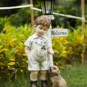 Solar Boy Statue Welcome Sign Garden Statues for Garden Decor, Porch, Lawn, Yard Art Decorations, Resin 23.2H inch