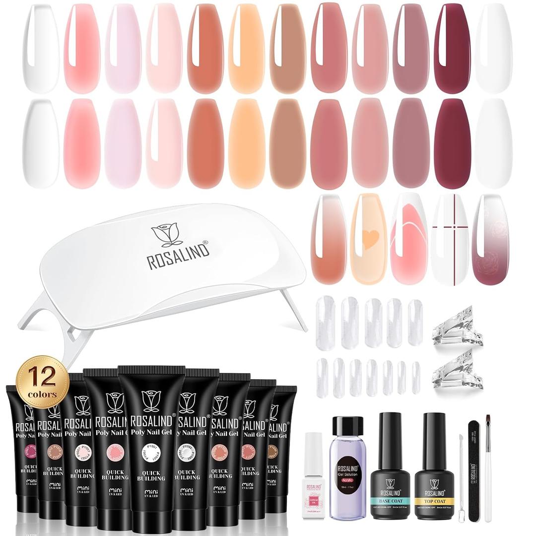 ROSALIND Pink Poly Nail Gel Kit -12 Colors + Nail Art Accessories Kit Nude Shades Poly Nails Gel Starter Kit with Slip Solution All Seasons Classic Colors Nails Extensions Set with Mini UV Lamp