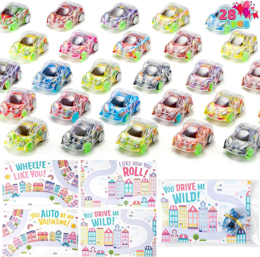 JOYIN 28 PCS Valentines Day Gift Cards with Fresh Color Pull Back Car Toys for Valentine Party Favor, Classroom Exchange Prize, Greeting Cards
