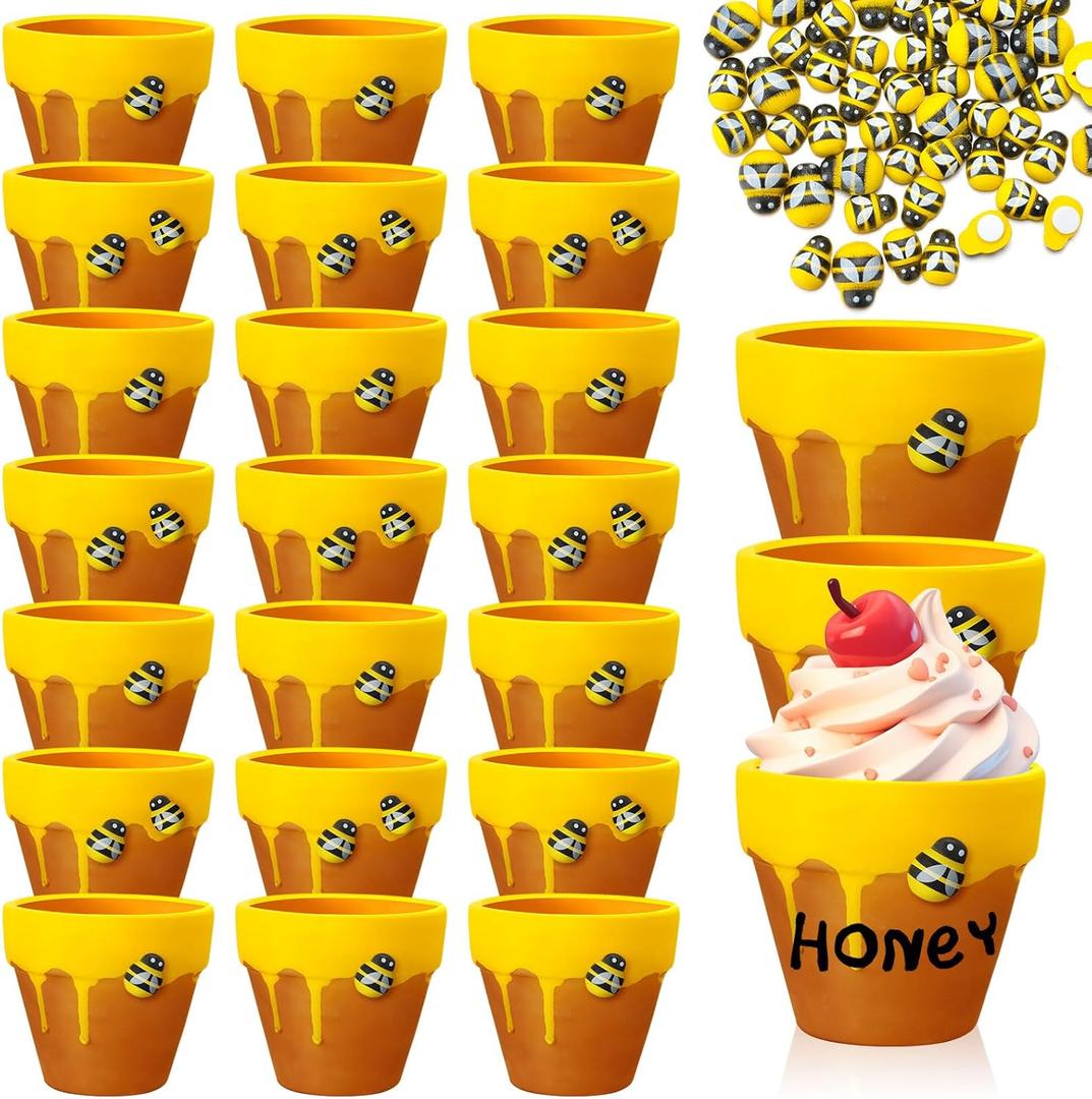 Yungyan 24 Pack Mini Honey Bee Pots with Bee Charms for Cupcake Planter Ceramic Honey Jars for Baby Shower Guests Wedding 1st Birthday Party Favors (Classic Style)