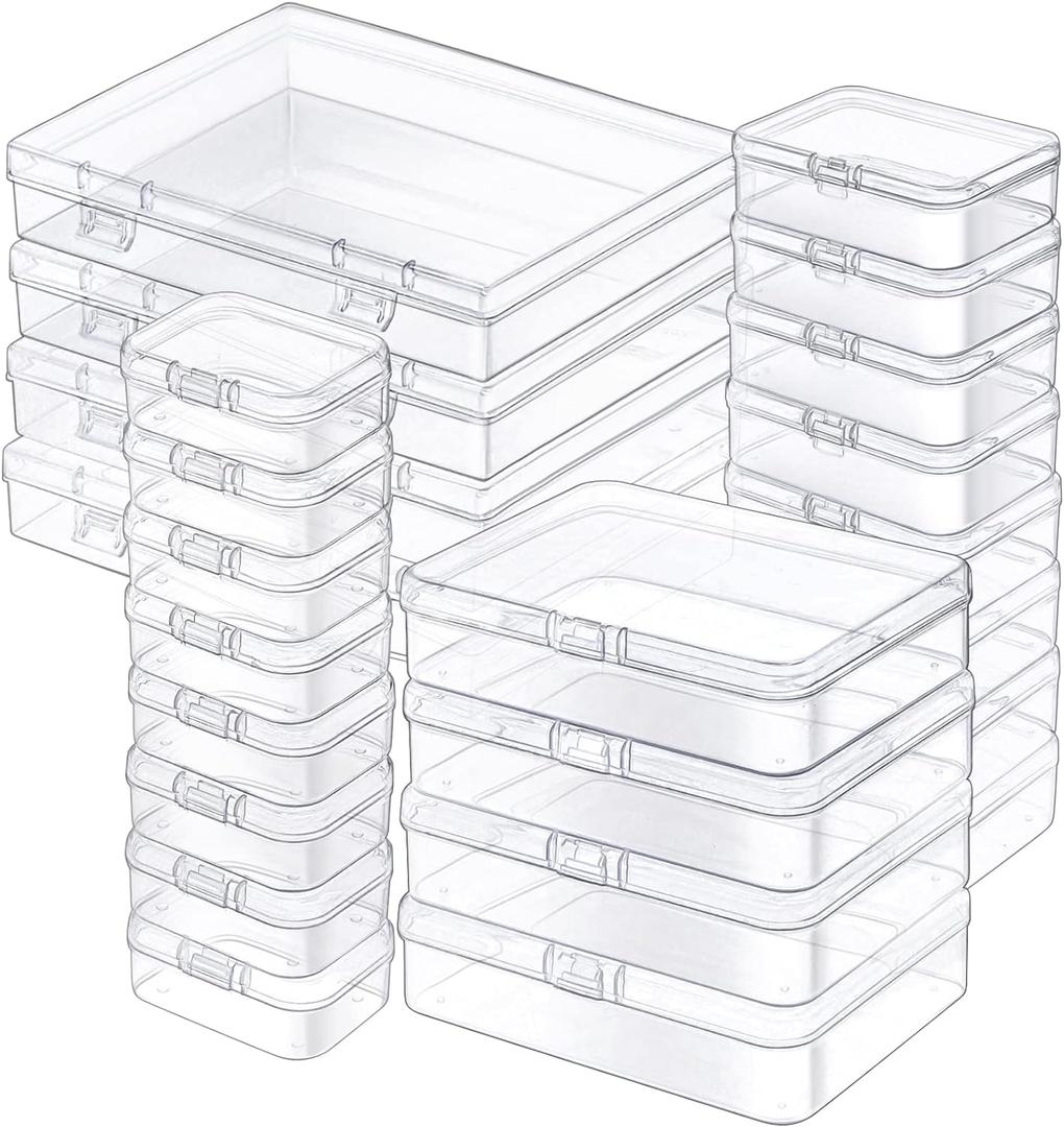 24 Pack Mixed Sizes Rectangular Mini Plastic Containers Clear Plastic Storage Boxes with Hinged Lids and Labels Empty Beads Organizers for Small Items Art Craft Jewelry Projects