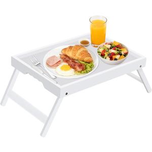Artmeer Bed Tray Table with Folding Legs, Bamboo Breakfast in Bed for TV Table, Laptop Computer Tray, Eating, Snack Tray (White) Large Size