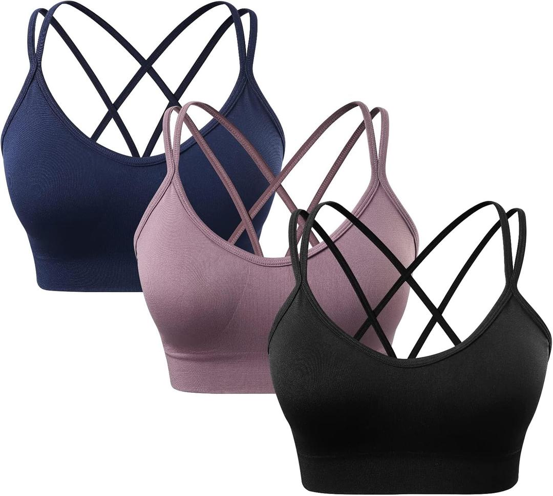 Women's Cross Back Sports Bra Padded Strappy Medium Support Yoga Bra for Workout Fitness 3 Pack (S)