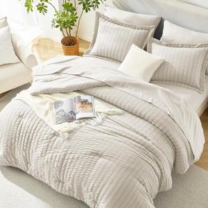 HIMEET Oversized King Comforter Set - 7 Pieces Seersucker Bed in a Bag, Boho Bedding Sets for Bedroom Decor, All Season Home Essential Bed Set with Comforter, Sheets, Pillowcases & Shams, Beige