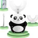 Kids U Shaped Electric Toothbrush for Age 2-12, Rechargeable Toddler Toothbrush with Smart Timer & 3 Clean Modes, Panda Design, IPX7 Waterproof, 3 Brush Heads & 360Cleaning (Black)