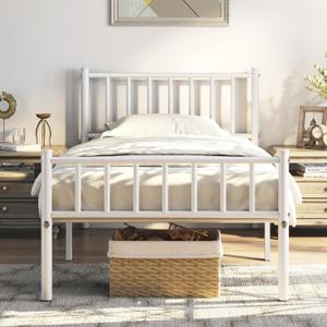 Topeakmart White Metal Twin Bed Frame with Headboard and Footboard, Platform Bed Frame Twin, Heavy Duty, No Box Spring Needed, Anti-Slip Design, White Bed