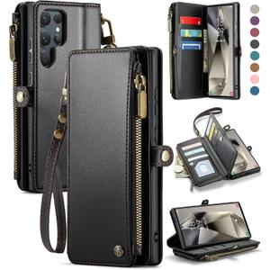 Defencase Compatible with Samsung Galaxy S24 Ultra Case Wallet with RFID Blocking Card Holder for Women Men, PU Leather Magnetic Snap Flip Zipper Strap Phone Case Fit for Galaxy S24 Ultra 5G, Black