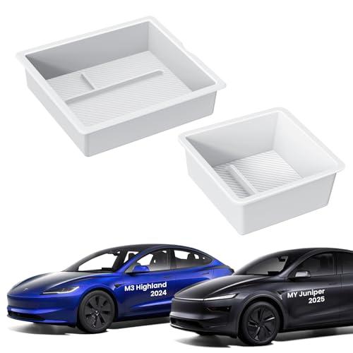 BANKKY 2PCS Center Console Organizer for Tesla Model 3 Highland 2024-2026 & Model Y Juniper 2025-2026, White Armrest Storage Tray with Anti-Slip Liner, ABS Tesla Accessories
