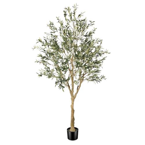 FEELEAD Faux Olive Tree 7ft - Realistic Artificial Olive Tree 7 Feet Indoor (84") - Tall Fake Potted Olive Silk Tree Artificial Indoor with Natural Wood Trunk for Home Office Decor