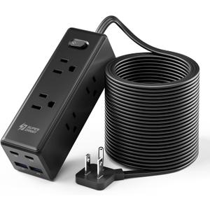 20 Ft Extension Cord with Multiple Outlets, Long Extension with 6 Outlets 4 USB Ports(2 USB C), Flat Plug Surge Protector Power Strip for Home, Office Supplies, Dorm Essentials, Black