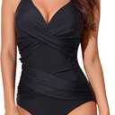 Smismivo Tummy Control Swimsuits for Women Slimming One Piece Bathing Suit Retro Ruched Push Up Vintage Padded Swimwear (Medium, Black)