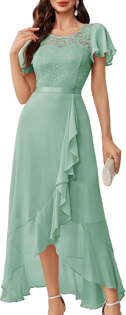 BeryLove Formal Dresses for Women 2025 Wedding Guest with Slit Cocktail Elegant Lace Long Prom Dress (X-Small, Light Green)