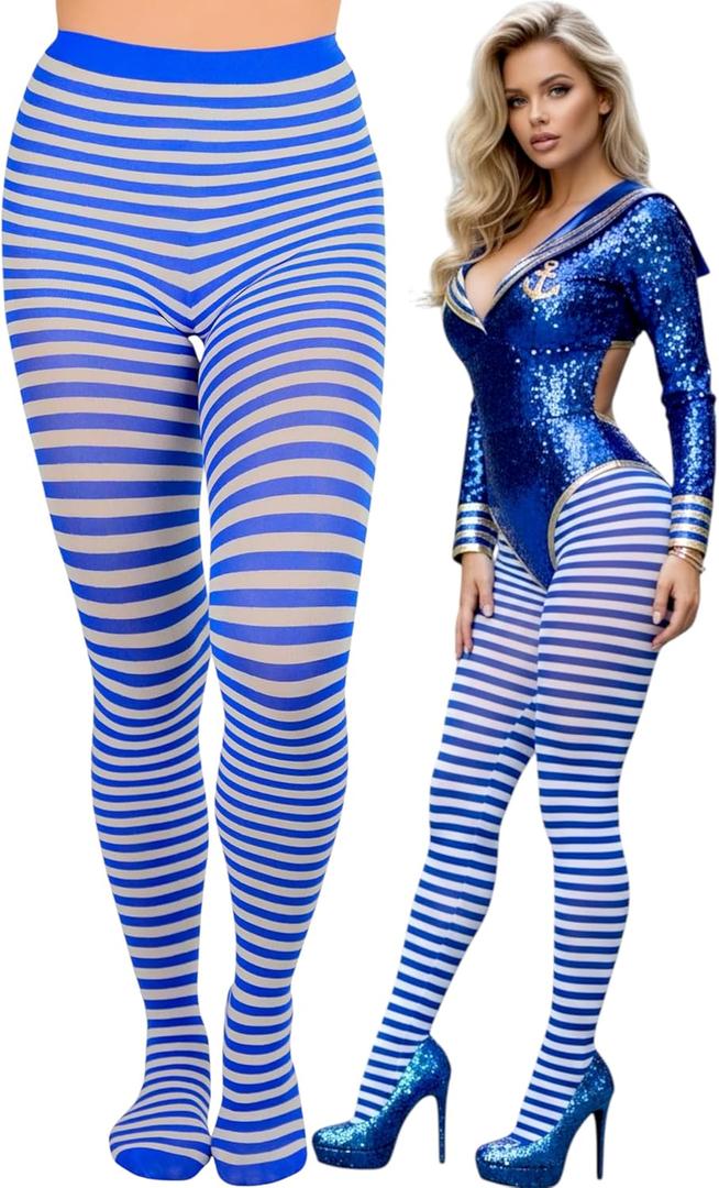 ToBeInStyle Women's Thin Horizontal Stripe Opaque Tights Pantyhose - Regular or Plus (Royalblue/White)
