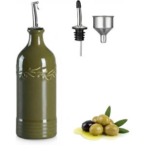ONEMORE Ceramic Olive Oil Dispenser Bottle with Pour Spouts & Funnel, 17 oz Refillable Kitchen Oil Dispenser for Cooking, Drizzling, Dressing, Modern Leakproof Oil and Vinegar Dispenser, Olive Green