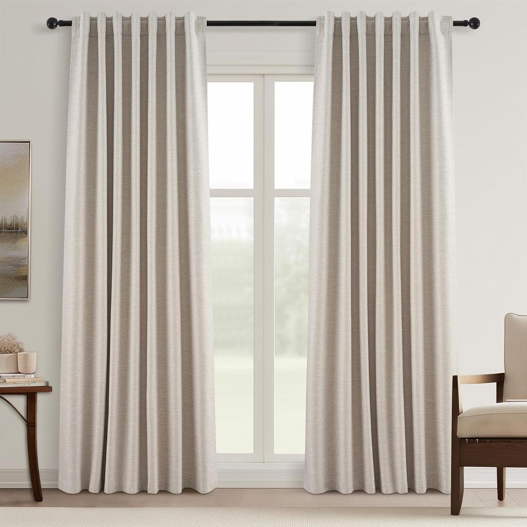 Topfinel 90 Inch Long Linen Curtains 2 Panel Set, Modern Farmhouse Black Out Rustic Curtains for Living Room, Room Darkening Tab Top Noise Reduction Textured Drape Hook&Ring Included
