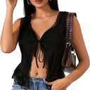 OYOANGLE Women's Going Out Top Lace Trim Front Tie Sleeveless Boho Summer Casual Crop Tank Blouse Shirt (Black, XL)
