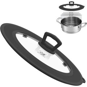 Vented Tempered Glass Universal Lid for Pot Pan Skillet with Heat Resistant Silicone Rim Microwave Splatter Lid Cover Microwave Safe Fit 9.5 10 10.5 11 Cookware, Dishwasher Safe Black