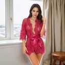 dream love Women Kimono Robe Floral Lace Babydoll Lingerie Sheer Mesh Nightgown S-XXL (S)