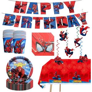 68PCS Spidey Birthday Decorations: 20 Plates, 20 Napkins, 20 Cups, 1 "Happy Birthday" Banner, 6 Hanging Swirls, 1 Tablecover