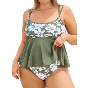 CUPSHE Women's Plus Size Tankini Sets Scoop Neck Flowy Hem Two Piece Swimsuits Adjustable Straps Mid Rise Back Hollow (3X-Large Plus, Olive Green/Floral)