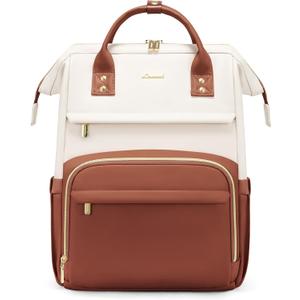 LOVEVOOK Leather Backpack for Women,17 inch Leather Laptop Backpack Women, Professional Work Backpack Nurse College Teacher Bag, Womens Laptop Tote Bag Computer Travel Backpack Purse, Beige White-Brown