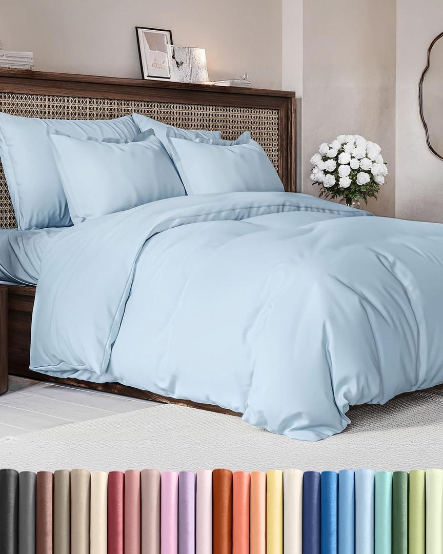 Duvet Cover Full Size - Extra Soft Full Size Duvet Cover - Lightweight, Breathable & Cozy - Easy Care & Fade Free w/Zipper Closures & Ties - 80" x 90" Inches - (Light Blue) Comforter Not Included