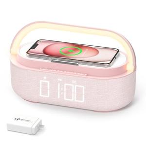 COLSUR Bluetooth Speaker Alarm Clock with Wireless Charger, FM Radio, Adjustable LED Night Light, 6 in 1 Bedroom Portable Speaker 2500mAh, Phone Stand for Bedside, Home, Office, Gift (Pink)