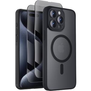 Designed for iPhone 15 Pro Case, Compatible with MagSafe, with Privacy Screen Protectors X2, [Camera Protection] [15FT Military Drop Protection] Shockpoof Phone Case, 6.1'', Black