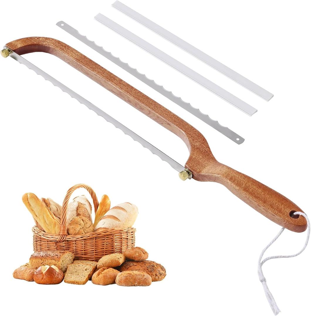 Sourdough Bread Knife, Bread Slicer for Homemade Bread - Sharp Stainless Steel Blade for Crumb-Free, Even, Intact Slices, Ergonomic Bow Design, Wooden Serrated Bread Cutter, 2 Blades & 2 Guards