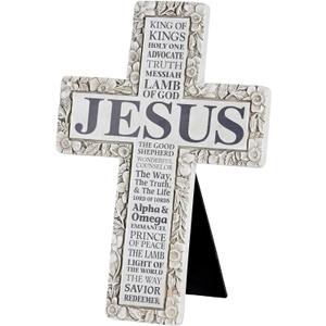 Dicksons Inspirational Wall Hanging or Tabletop Cross Figurine 7 x 10 Resin Floral Embossed Names of Jesus