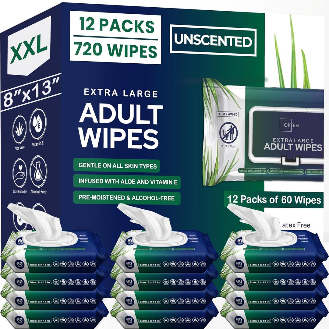 Adult Wipes For Elderly - 8"x13" Extra Large & Soft Wet Wipes for Adults Bathing No-Rinse - Incontinence Disposable Washcloths, Vitamin E & Aloe Infused for Men & Women 720ct (5 Packs of 60)