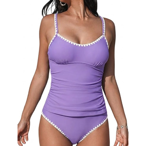 Women's Tankini Sets Two Piece Swimsuit Scoop Neck Tummy Control Adjustable Straps Shell Stitched (Light Purple) 15-16yo