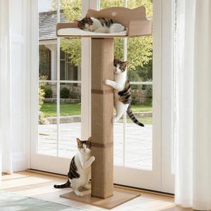 Cat Window Perch with Thick Sisal Scratching Post, Cats Hammock for Window with 3 Upgrade Suction Cups, 55" Adjustable Tall Cat Scratching Post with Large Perch, Cats Window Bed with Fluffy Cushion