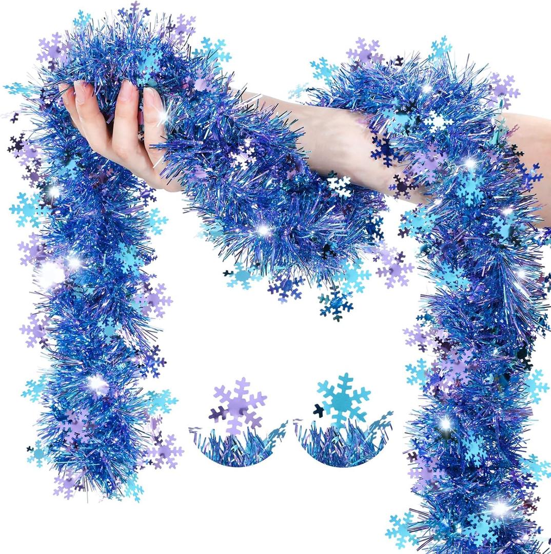 Blosssound 26 Feet Blue Purple Snowflakes Tinsel Garland Glitter Metallic Tinsel Twist Banner Shiny Iridescent Garland for Indoor Outdoor Ceiling Wall Christmas Tree Birthday Party Decorations