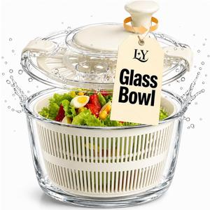Large 5.2 Qt Glass Salad Spinner Vegetable Dryer with Drain Microwave Safe Dishwasher Safe with Transparent Lid Crank Handle Quick Spin Greens Washer for Lettuce Herbs Fruits (off-white)