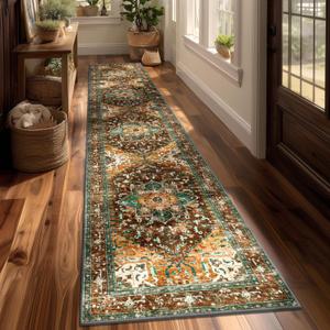Yamaziot Washable Runner Rug, 2x10 Non-Slip Boho Vintage Hallway Rug Runner with Rubber Backing, Stain Resistant Distressed Carpet Runner for Bedroom, Kitchen, Laundry, Entrance (Rust/Dull Teal)