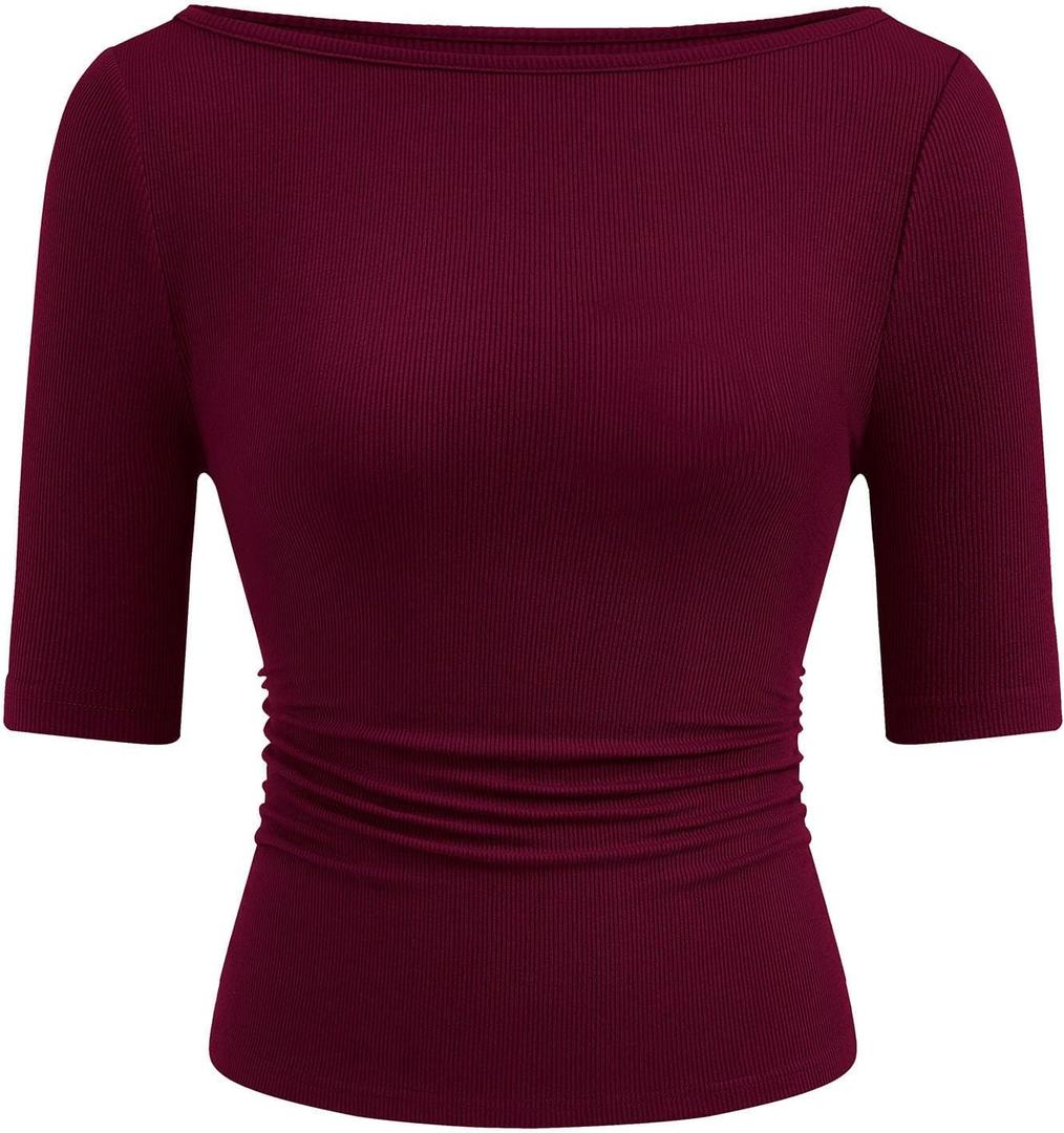 PRETTYGARDEN Womens Summer Short Sleeve Tops Boat Neck Ribbed Knit Slim Fit T Shirt Casual Basic Top 2026 Spring Clothes (X-Large, Wine Red)