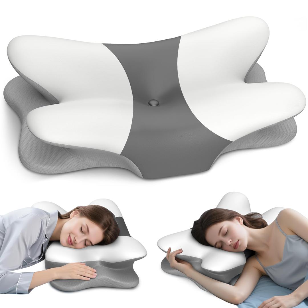 Cervical Neck Pillow for Pain Relief - Ergonomic Side Sleeper Pillow Cooling Memory Foam Pillows for Sleeping, Contour Pillow Orthopedic Bed Pillow for Back Stomach Sleepers(White & Grey)