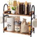 Coffee Bar Accessories, 2-Tier Coffee Bar Organizer with 4 Coffee Cup Holder Hooks, Mul-tifunctional Wooden Beaded Coffee Station Countertop Stand Shelf for Kitchen Home Office