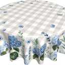Giwawa Spring Summer Round Tablecloth 60in Watercolor Blue Hydrangea Floral Butterfly Table Cover Grey Buffalo Plaids Washable Table Cloth for Dining Kitchen Picnic Indoor Outdoor Decor