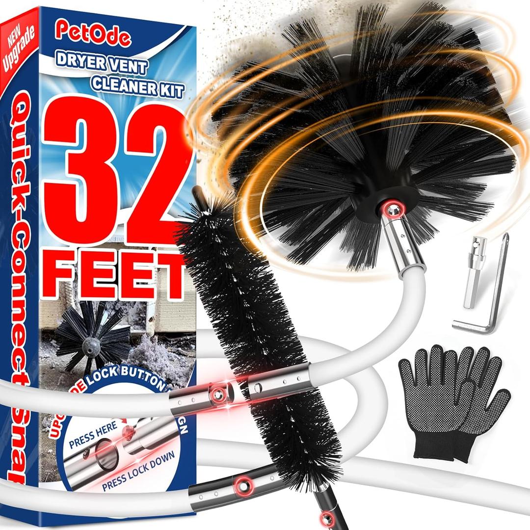 32 Feet Dryer Vent Cleaner Kit, Enhanced Flexible Quick Snap Brush with Drill Attachment for Effective Cleaning, 360 Degree Rotation Without Loosening, Use with or Without a Power Drill