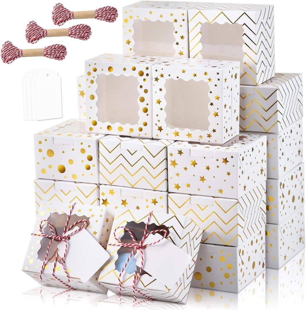 KPOSIYA 30pcs Christmas Cookie Boxes for Gift Giving, 4x4x2.5in White Bakery Boxes with Window for Treat and PastryHoliday Small Treat Boxes for Dessert, Donut, Mini Cake,Thanksgiving