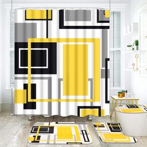 Likiyol 4 Pcs Yellow Geometric Shower Curtain Sets with Non-Slip Rugs, Toilet Lid Cover and Bath Mat, Abstract Modern Shower Curtain with 12 Hooks, Yellow Bathroom Decor (69"W x 70"L (Pack of 4))