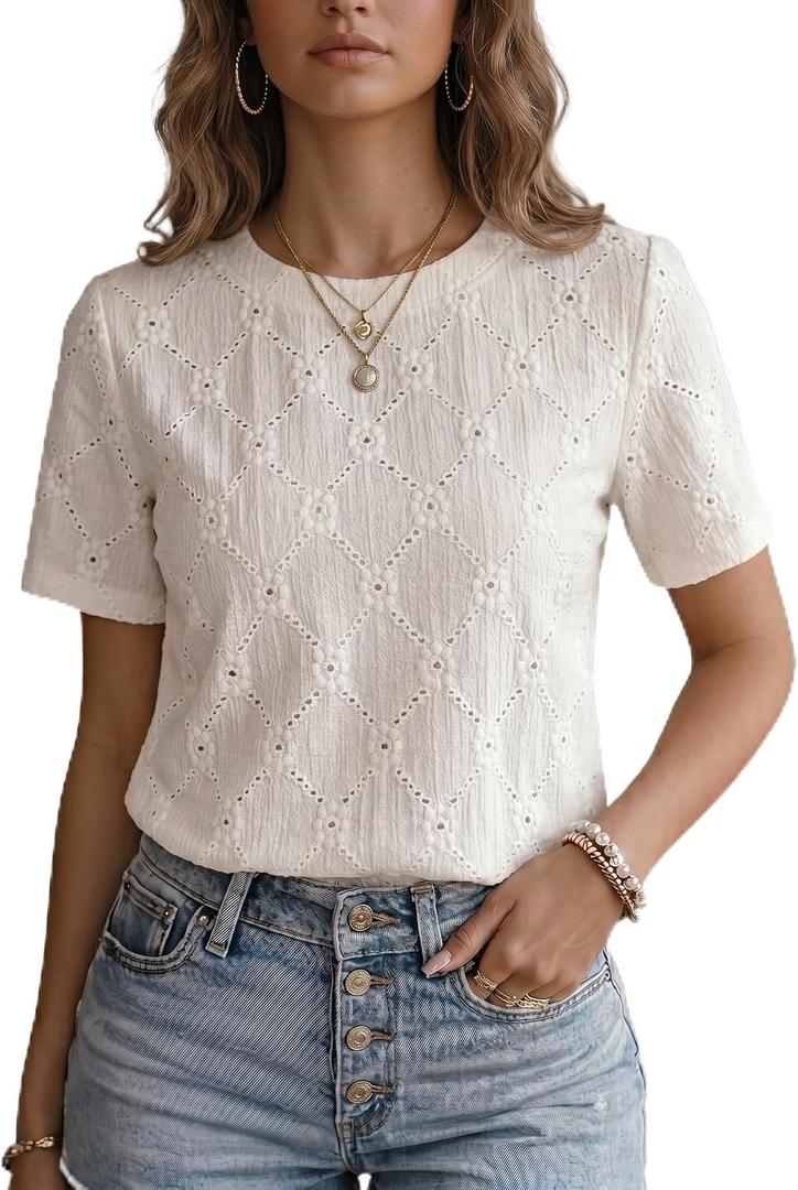 2 x Dokotoo Women's Tops Casual Scoop Neck Short Sleeve Eyelet Embroidered Hollow Out Blouses Shirts (White, L)