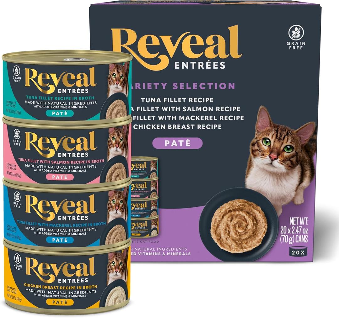 Reveal Entrées Natural Wet Cat Food Paté, Grain-Free with Added Vitamins & Minerals, Carrageenan-Free and High Protein, Variety Selection in Pate (20 x 2.47 oz cans), BBD 05/13/2028