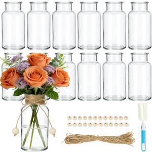 TBWIND Vintage Glass Flower Vase, 12PCS Farmhouse Mason Jar Vases for Centerpiece Clear Bud Vases in Bulk with DIY Accessories for Wedding Party Table Decorations Home Decor