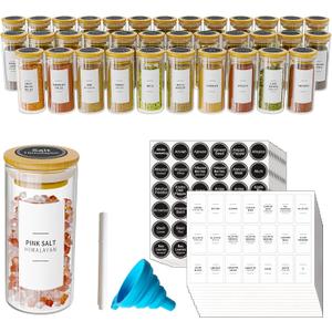 SpaceAid 36 Pcs Spice Jars with Bamboo Lids and Labels, Empty 4oz Glass Spice Bottles, Minimalist Farmhouse Spice Labels Stickers with Funnel, Seasoning Containers for Spice Rack, Cabinet and Drawer