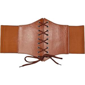 Wildarms Corset Waist Belt for Women, Wide Elastic Tie Waspie Belt for Dresses (Brown, Fit Waist 29-32in)