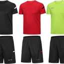 BUYJYA Men's Workout Clothes Athletic Shorts Shirt Set 3 Pack Basketball Football Training Running Gym Christmas gifts (Medium, Black/Red/Green)