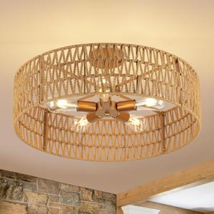 24 Boho Hand-Woven Rattan Wicker Ceiling Light, Large Semi Flush Mount Chandelier Fixture, Rustic Lighting for Living Room, Bedroom, Dining, Kitchen Island, Hallway, Entryway, Foyer